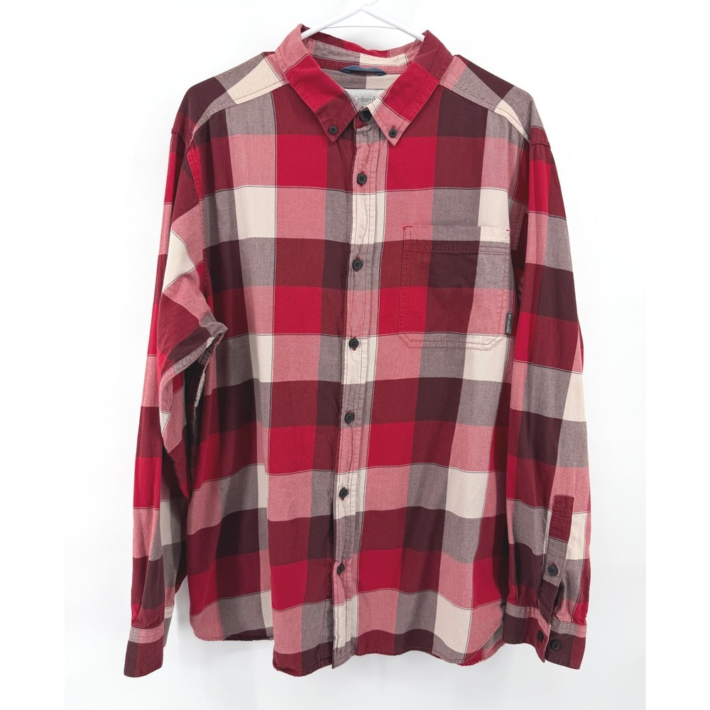 Columbia Red Buffalo Check Plaid Flannel Shirt Cotton Outdoor Cabin Casual Men L